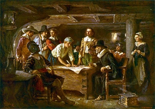 an artistic rendering of the signing of the Mayflower Compact